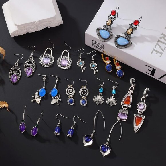 12 Pairs Vintage Geometric Druse Crystal Drop Dangle Earrings Ethnic Style Boho - Picture 3 of 7